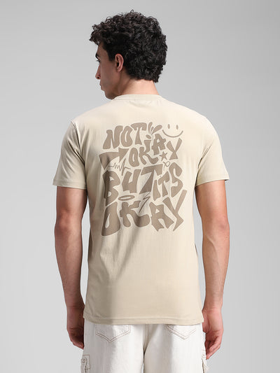 Beige Printed Backprint Crew T-Shirt