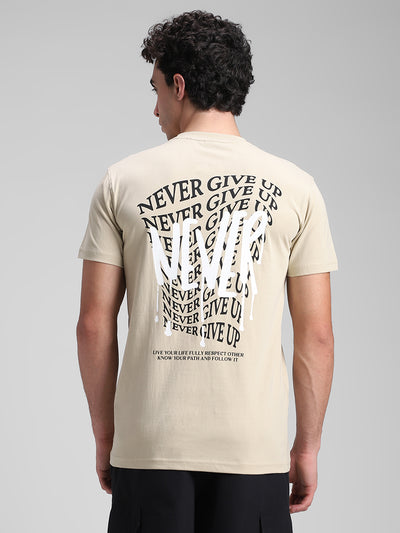 Beige Printed Backprint Crew T-Shirt