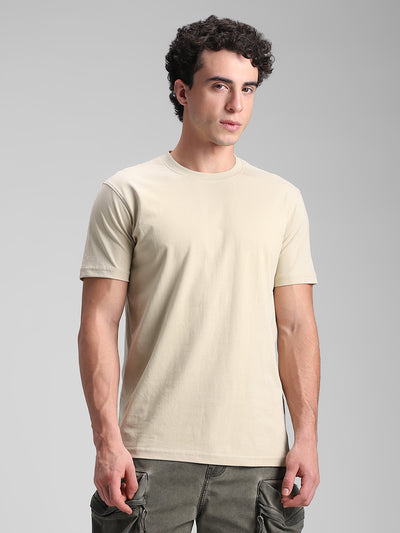 Beige Printed Backprint Crew T-Shirt