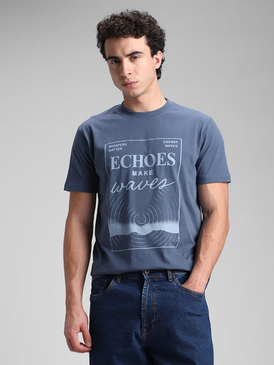 Teal Blue Printed Crew T-Shirt