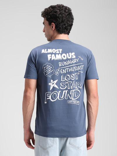 Teal Blue Printed Backprint Crew T-Shirt