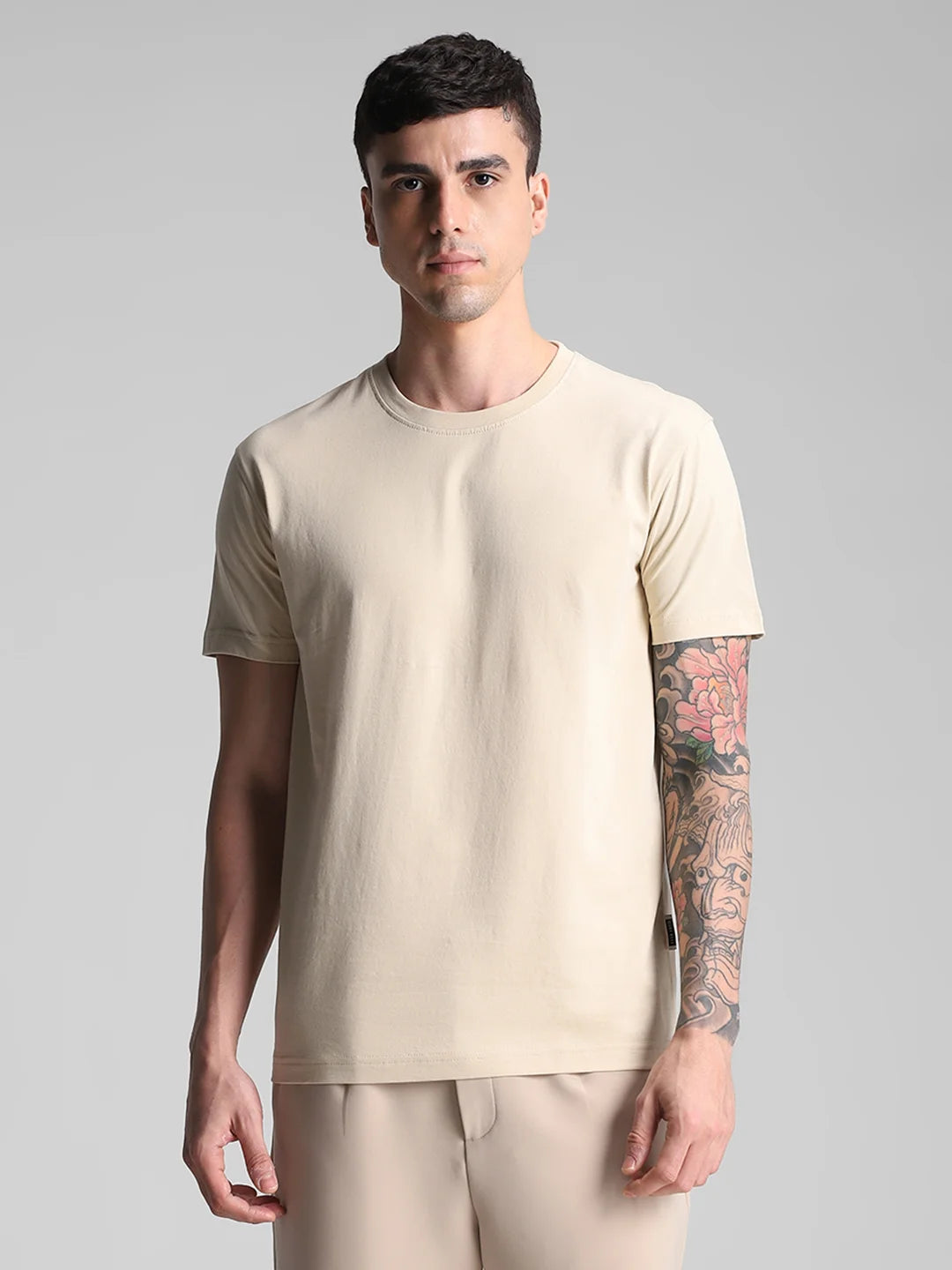 Beige Solid Crew Neck T-Shirt