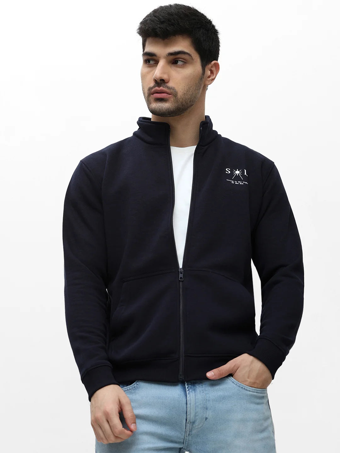 Navy Zipper Printed Sweatshirt