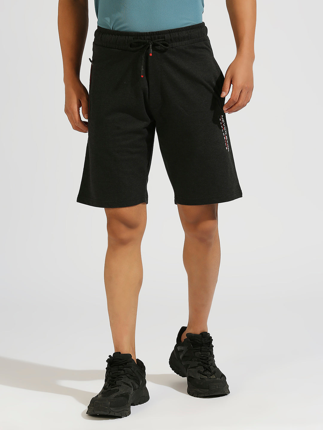 lightweight Printed Charcoal Mélange Regular Fit Straight Shorts