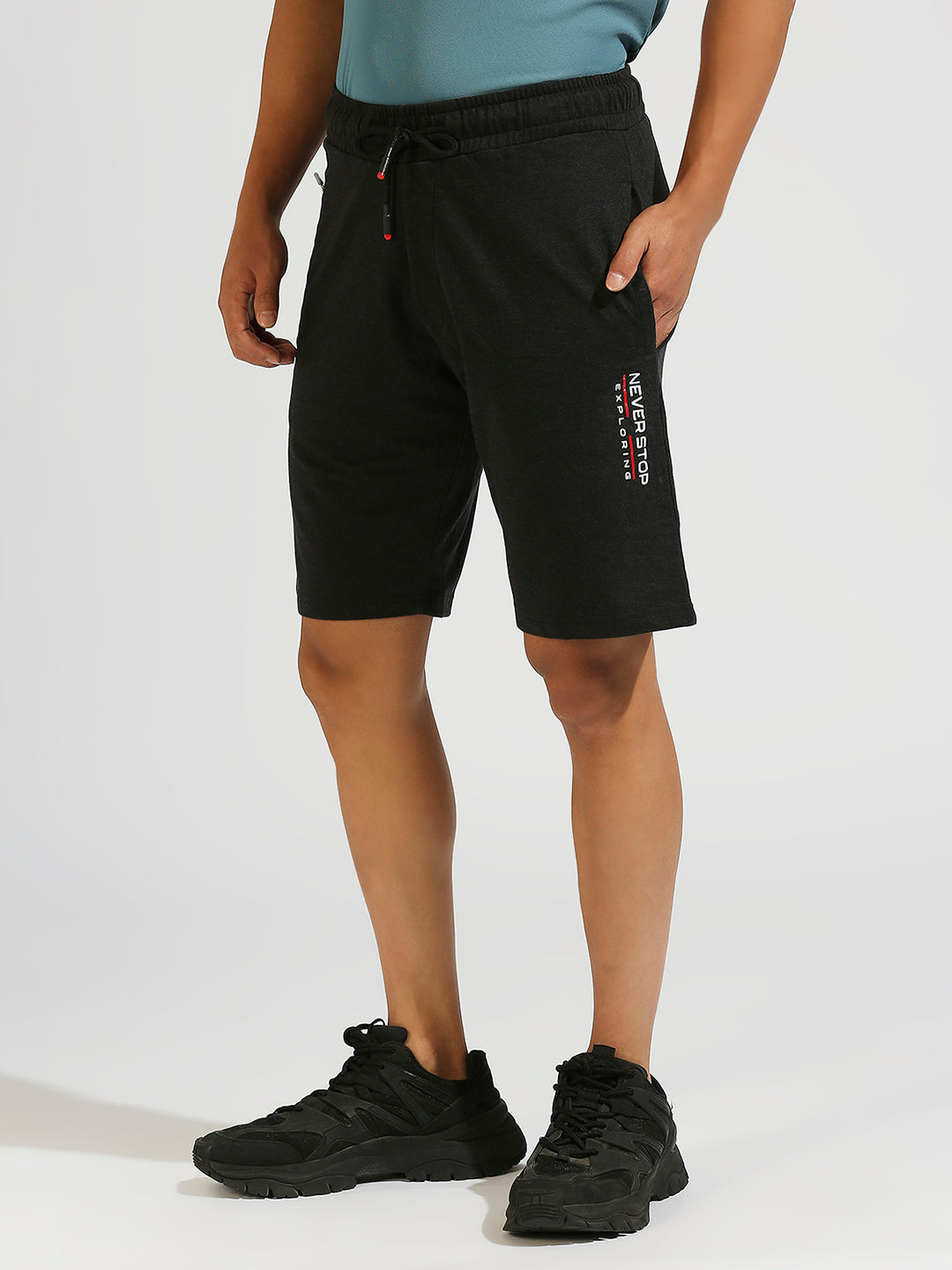 lightweight Printed Charcoal Mélange Regular Fit Straight Shorts