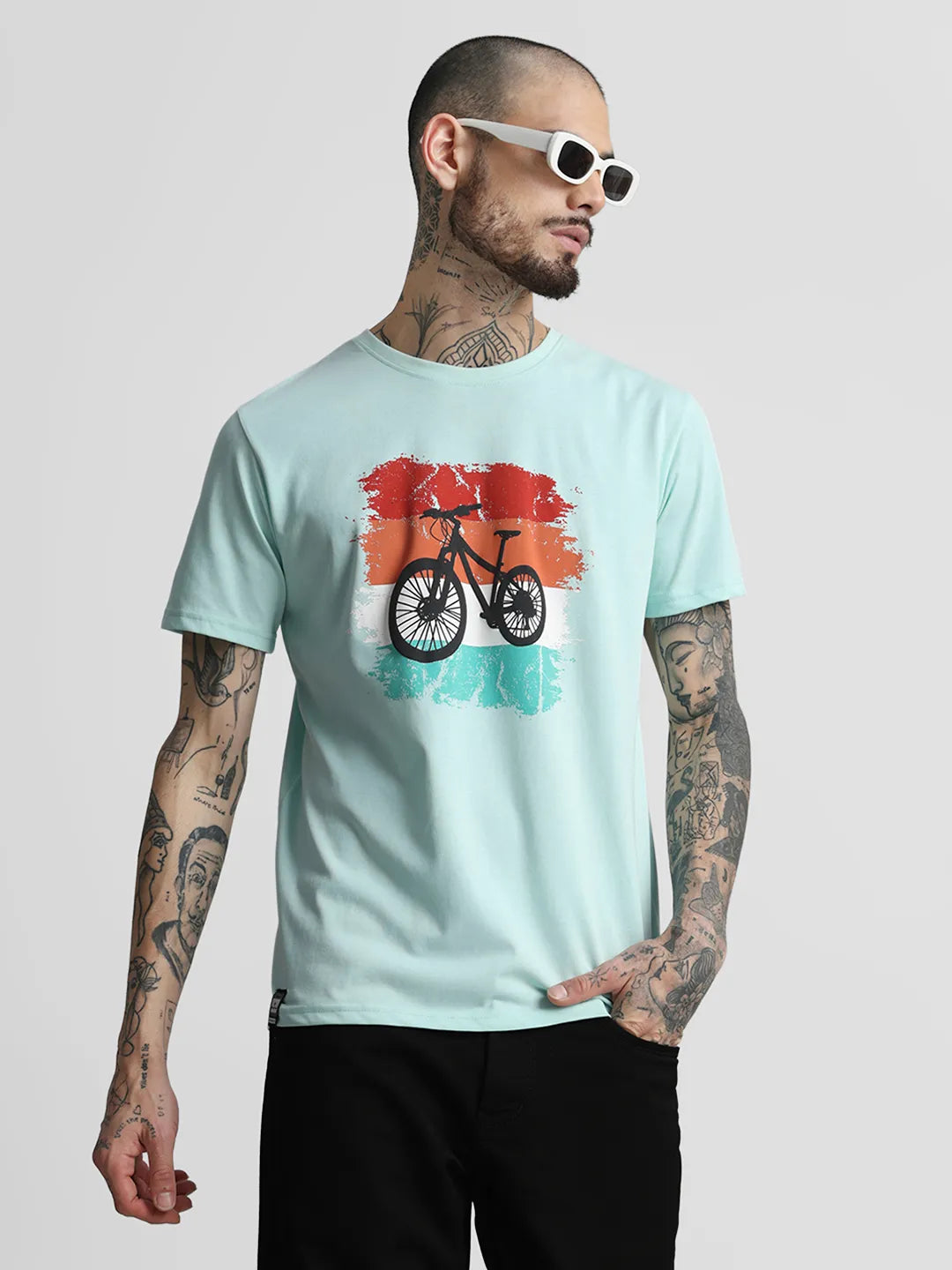 Sea Green Printed Round Neck T-Shirt