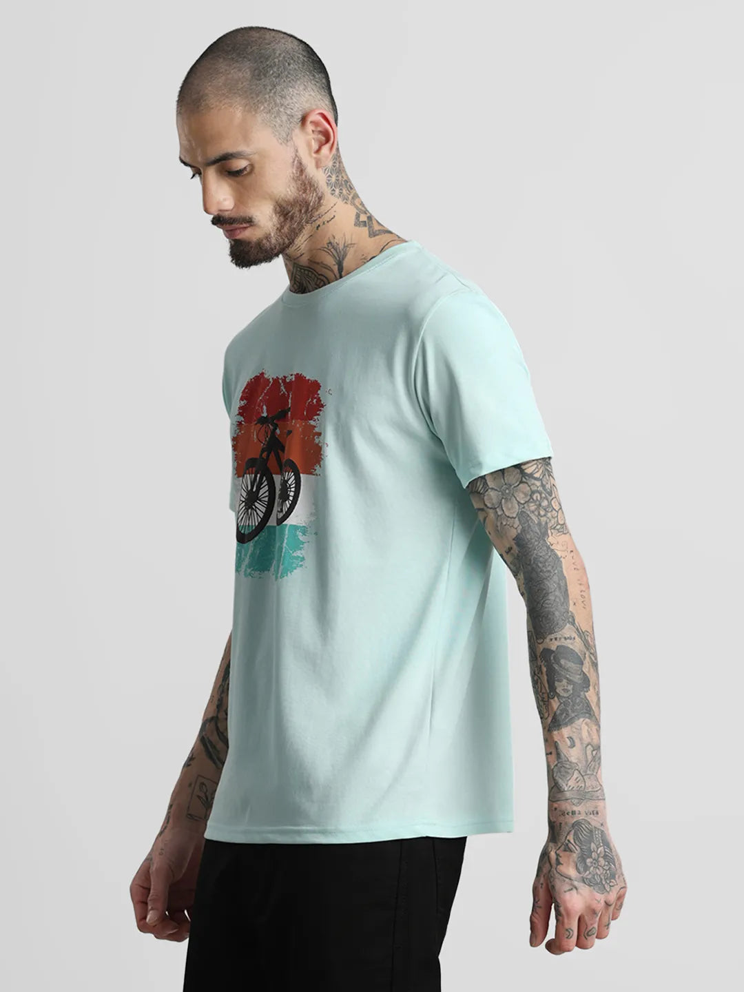 Sea Green Printed Round Neck T-Shirt