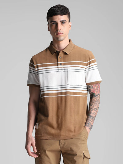 Light Brown Striped Polo T-Shirt