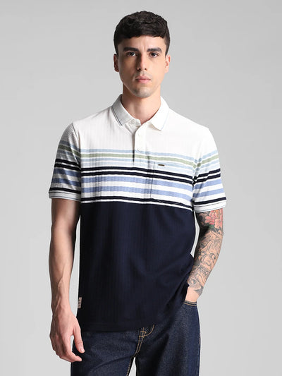 Off White Navy Striped Polo T-Shirt