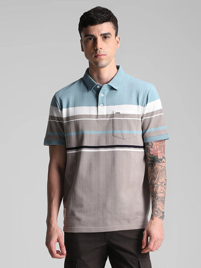 Sky Grey Striped Polo T-Shirt