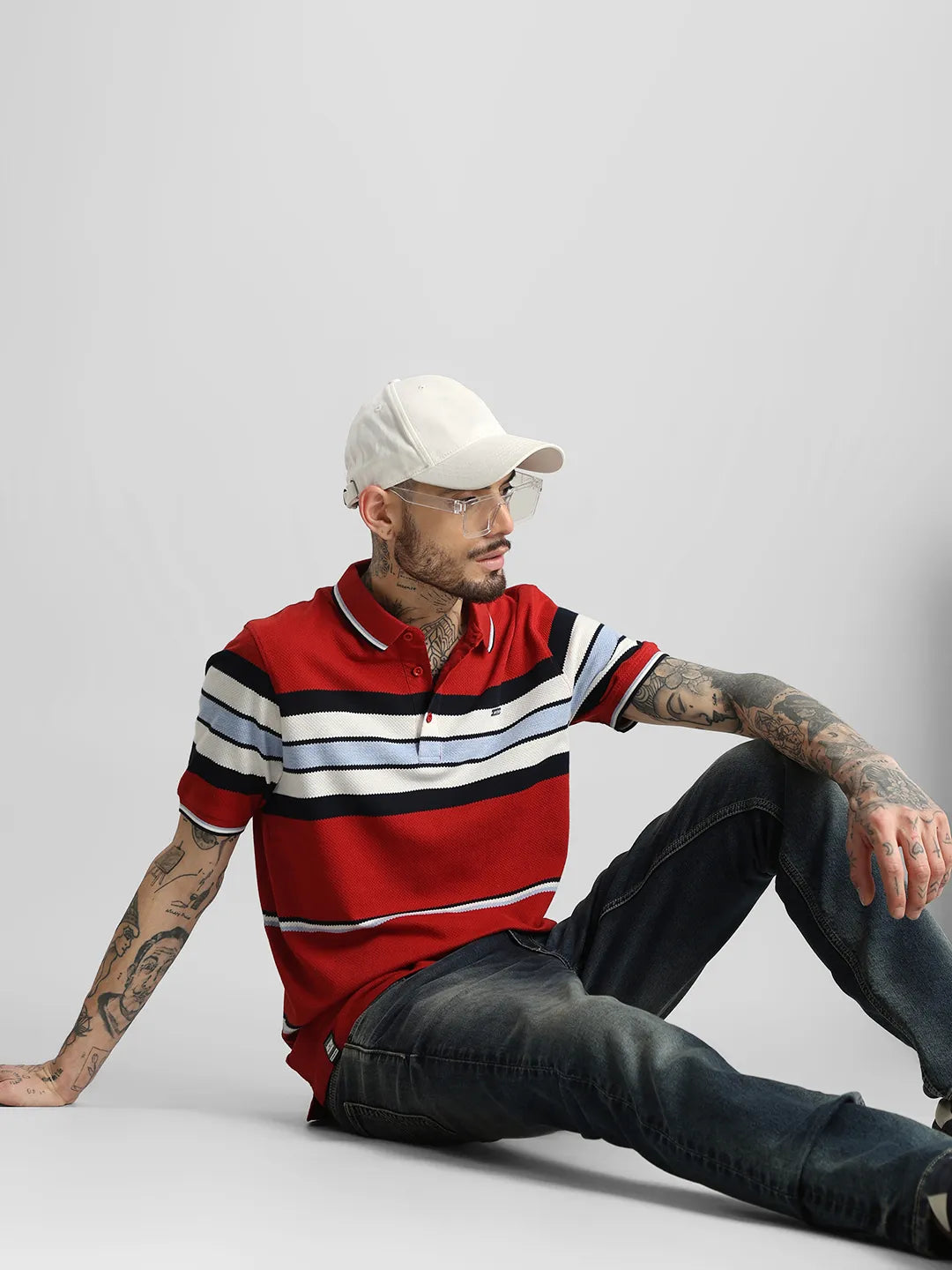 Sky Blue Striped Polo T-Shirt