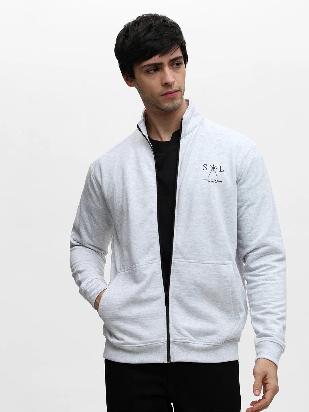 Ecru Melange Zipper Solid Sweatshirt