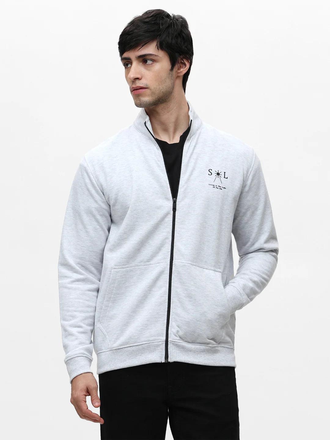 Ecru Melange Zipper Solid Sweatshirt