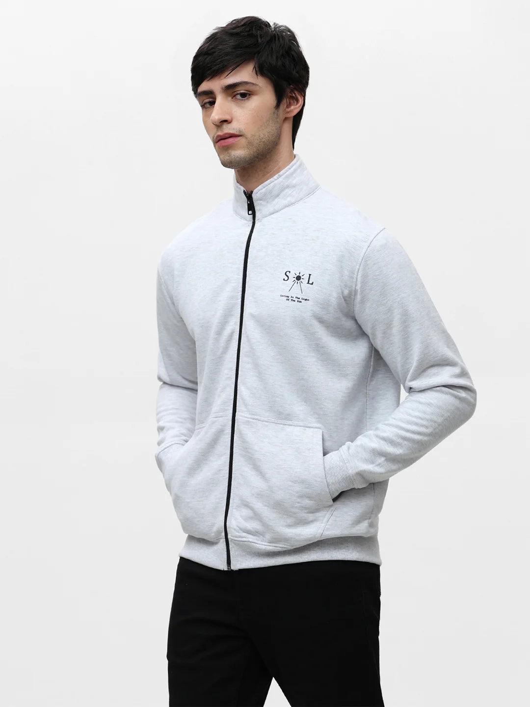 Ecru Melange Zipper Solid Sweatshirt