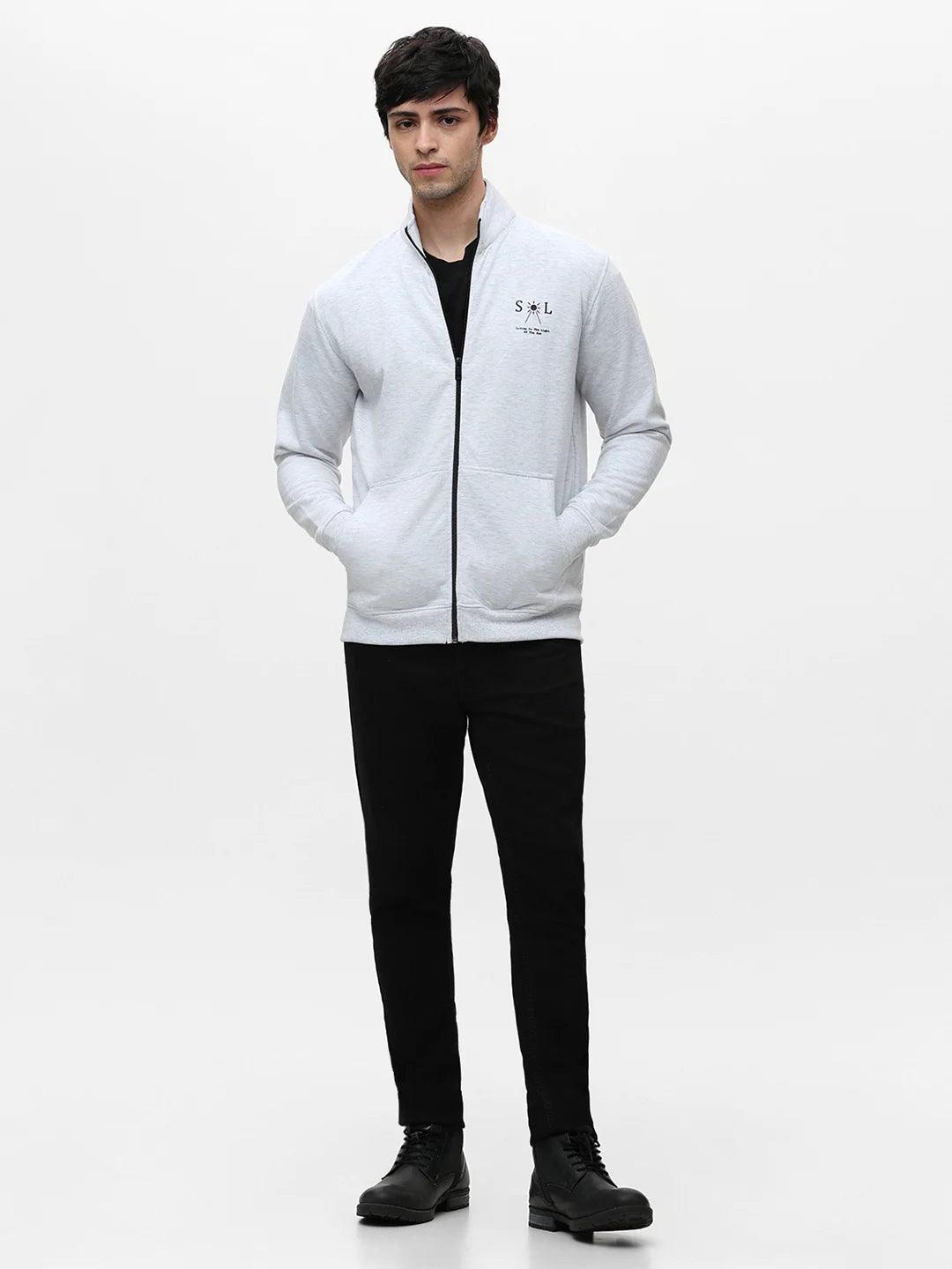 Ecru Melange Zipper Solid Sweatshirt