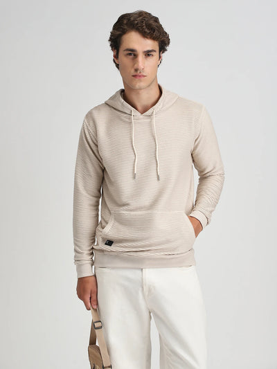 Beige Solid Hooded Sweatshirt