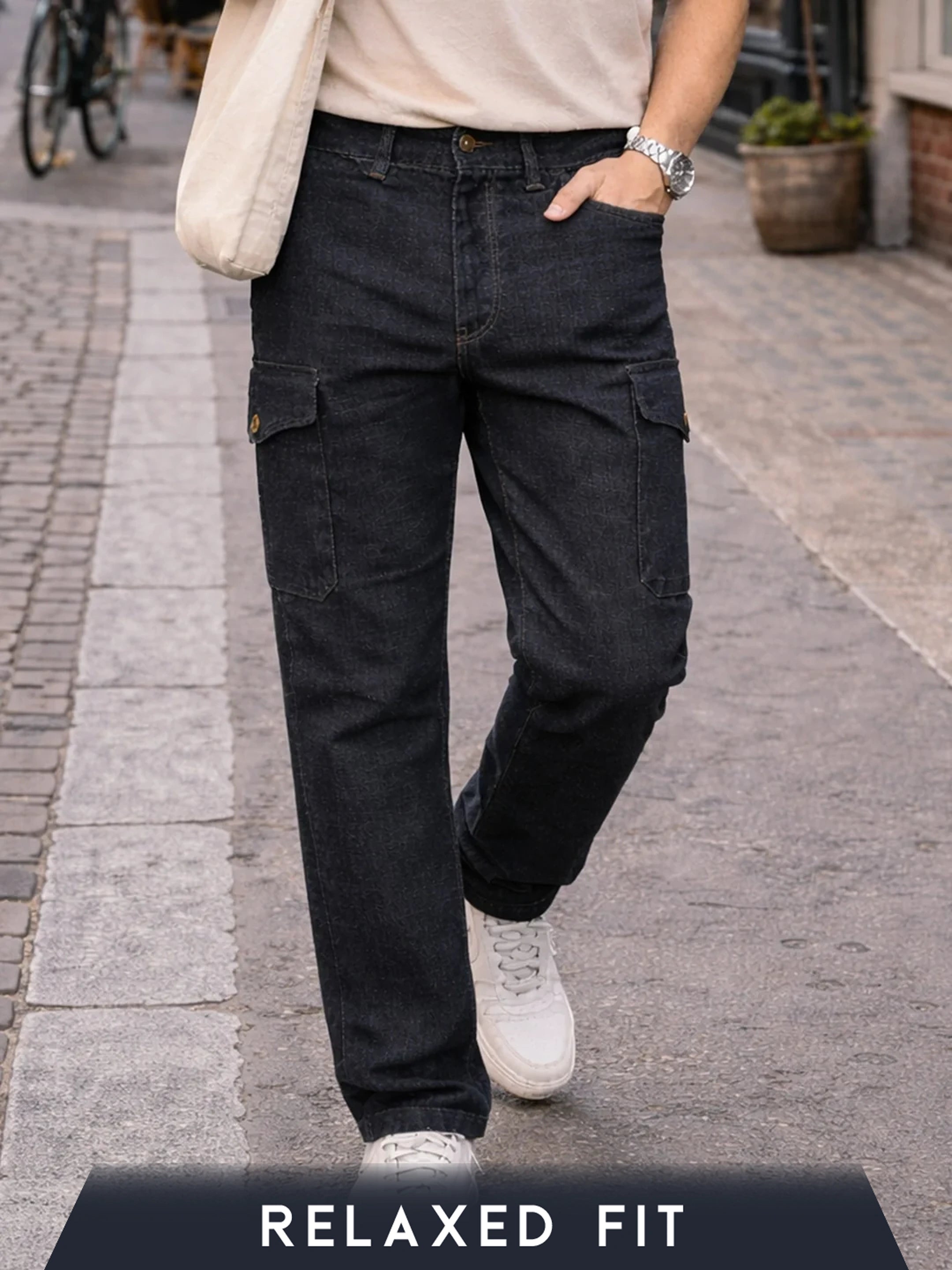Stone Grey Relaxed Fit Denim Cargo