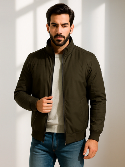 Olive Solid Zipper Jacket